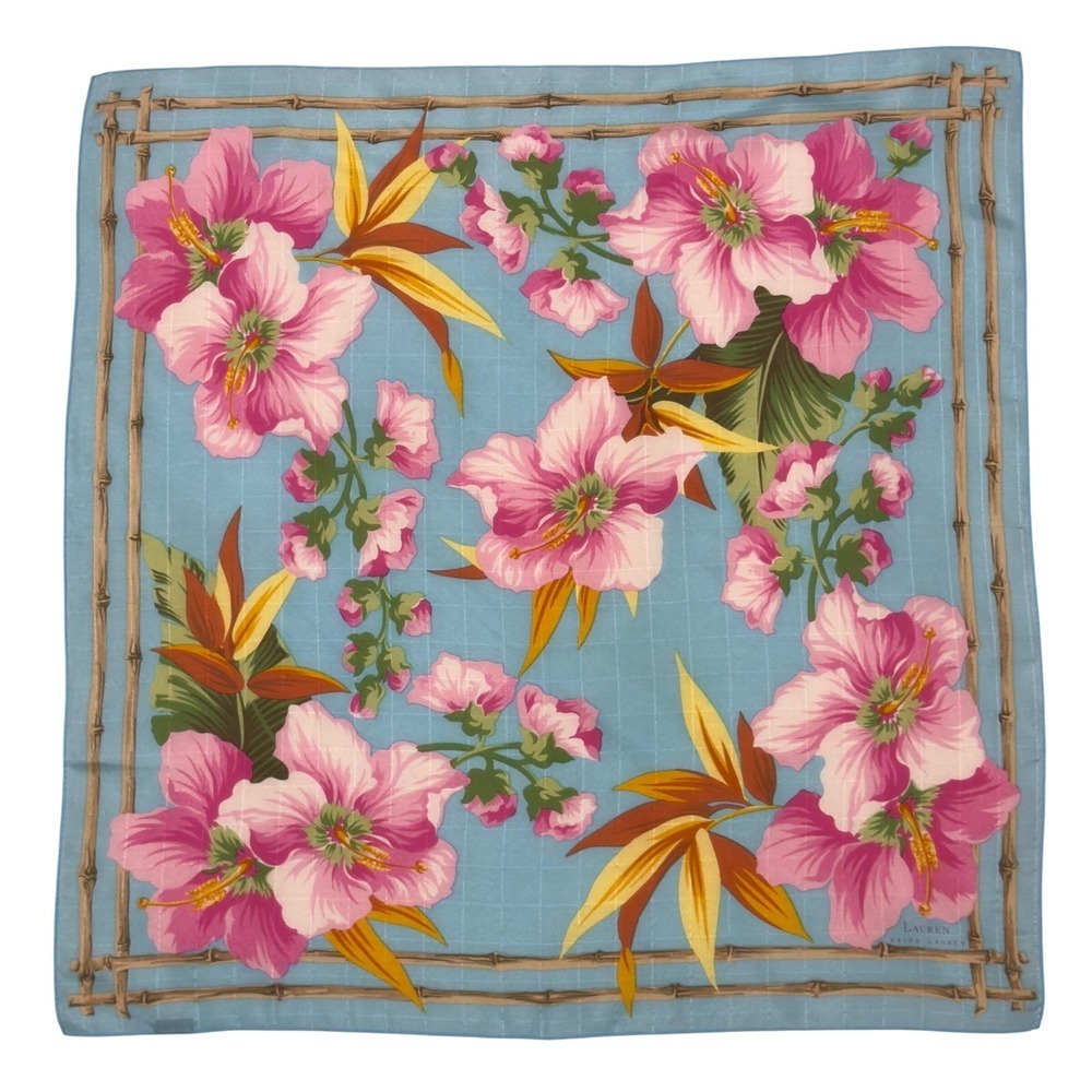 Lauren Ralph Lauren Scarf Women 21" Blue Pink Excellent Silk Tropical Floral Y2K